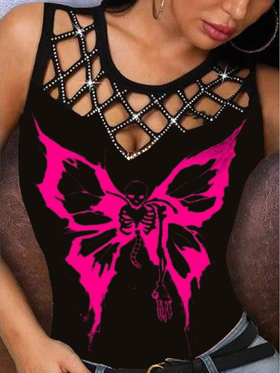 Free Wing-Spreading Skeleton Printed Rhinestones Hollow Vest