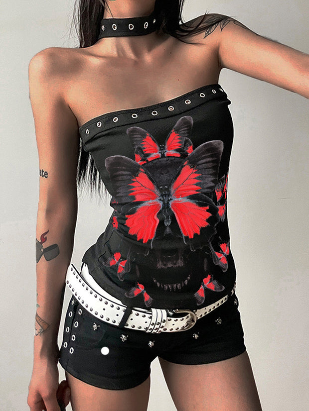 Butterfly Skull Print Sexy Tube Top Halter Strap Vest