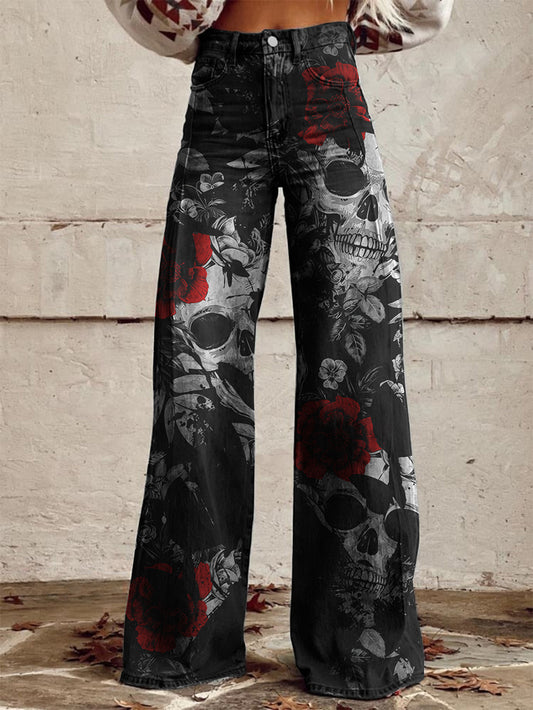 Skull Crimson Rose Print Wide-Leg Pants