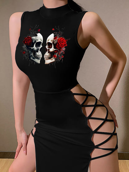 Sexy Skull Rose Lover Print Slip Stitching Sleeveless Dress