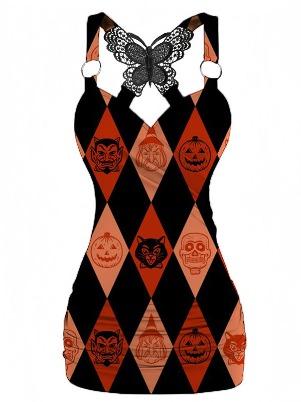 Halloween Pumpkin Printed V-neck Sexy Butterfly Back Dress