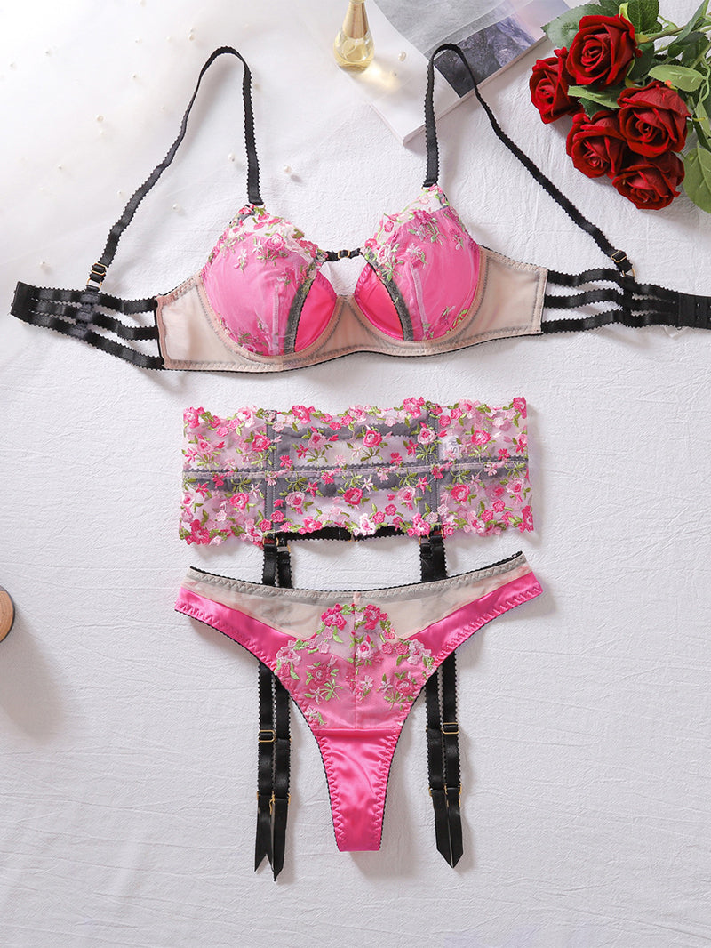 Sexy Mesh See-through Embroidered Flower Push-up Underwear Set