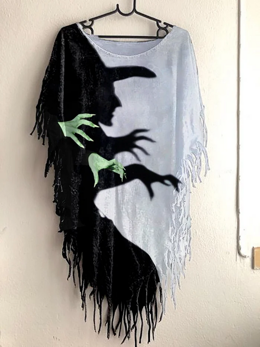 Women's Halloween Witch Print Tassel Shawl T-shirt