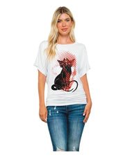 Conjoined Black Cat Printed Batwing Sleeve round Neck Short Sleeve T-shirt