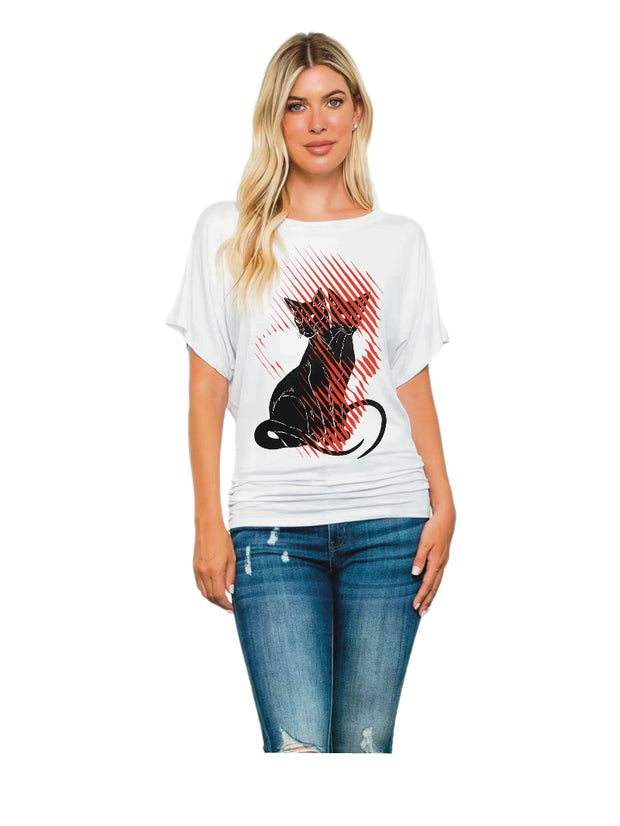 Conjoined Black Cat Printed Batwing Sleeve round Neck Short Sleeve T-shirt