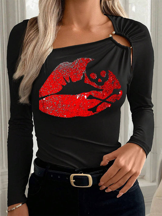 Women's Hot Drilling Red Lip Gold Buckle Long Sleeve T-shirt