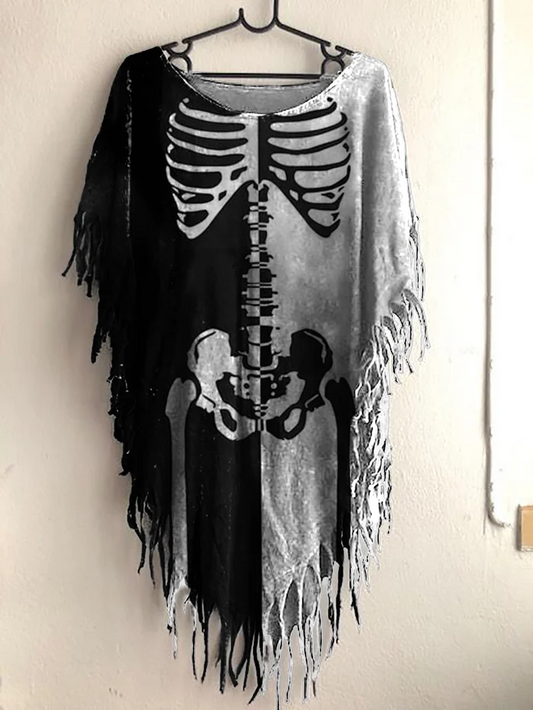 Women's Halloween Skull Print Tassel Shawl T-shirt