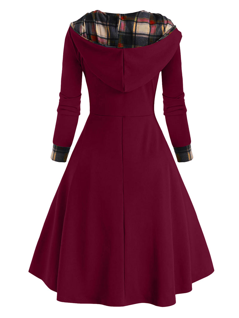 Fashion Plaid Button Patchwork Turtleneck Hooded Mid-Length Dress