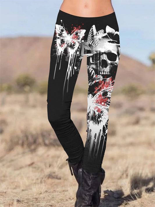 Gothic Butterfly Bloody Skull Printed Slim Fit Pants