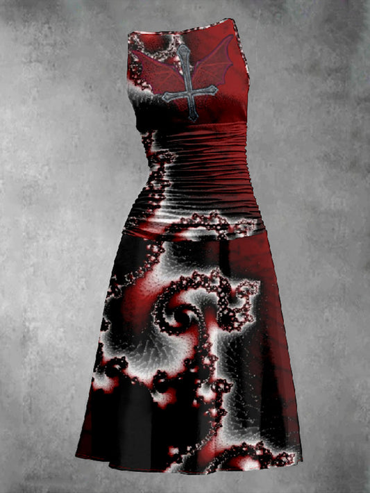 Gothic Cross Printed Pleated Vest Dress