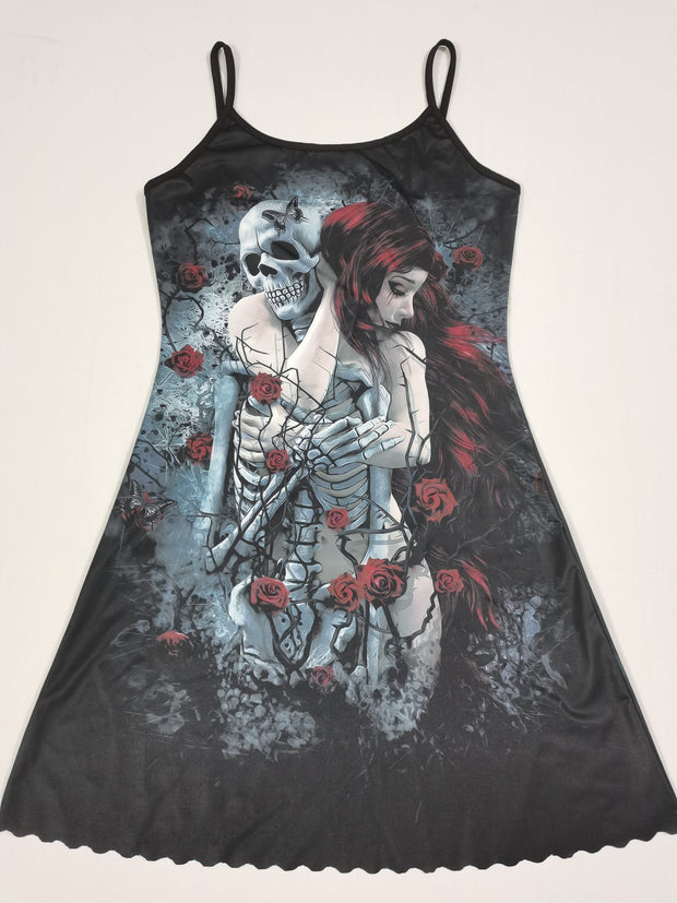 Camisole-Kleid mit Rüschen und Skelett- und Figuren-Print