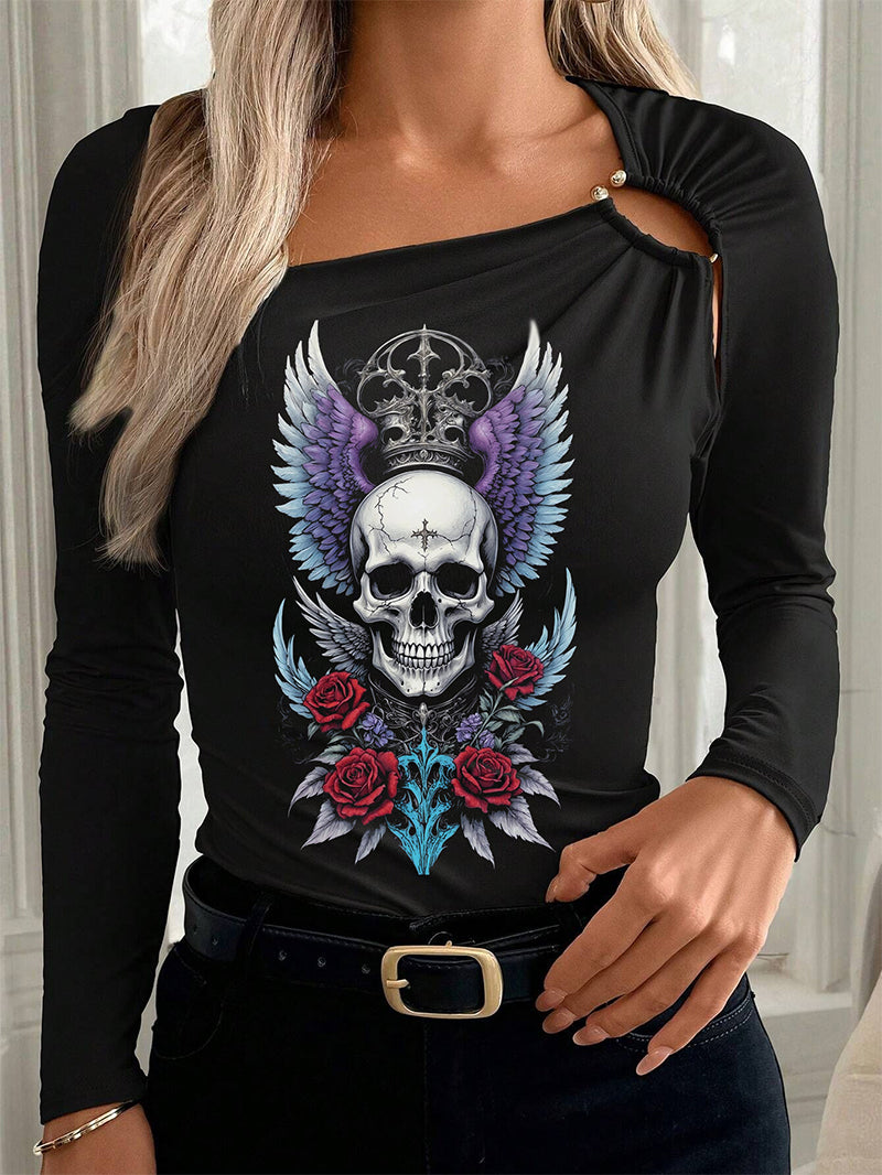 Women's Gothic Skull Wings Rose Gold Buckle Long Sleeve T-shirt