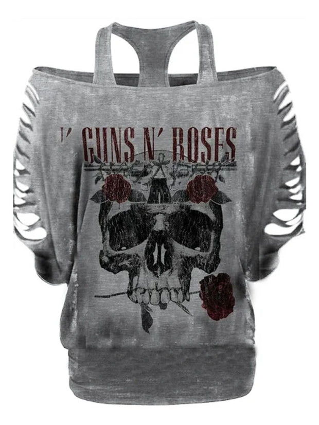 Guns N' Roses Printed Ripped One Neck Strappy T-Shirt