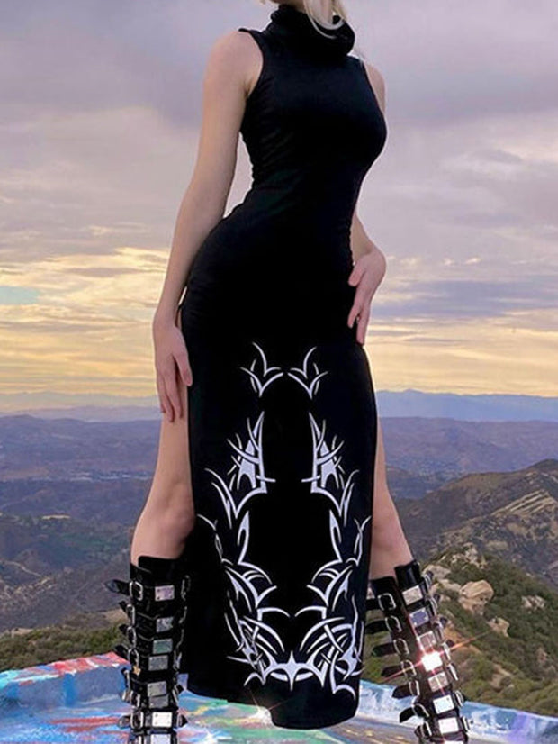 Gothic Dark Style Sexy Turtleneck Split Tight Sheath Dress