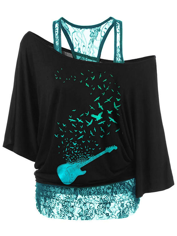 Bird Guitar Printed Ripped One Neck Strappy T-Shirt