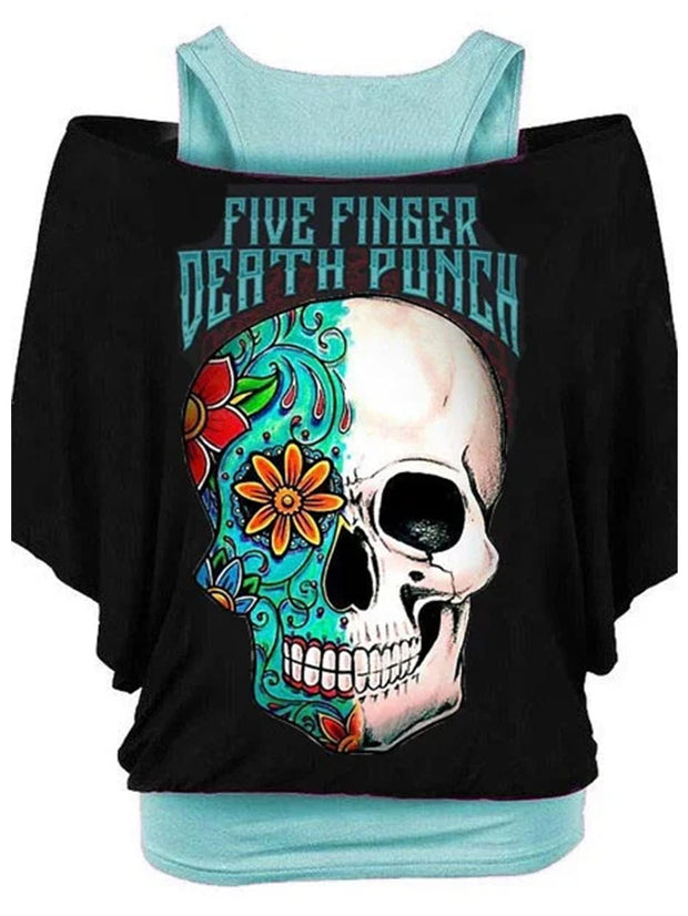 Skull Five Finger Death Punch Printed Ripped One Neck Strappy T-Shirt