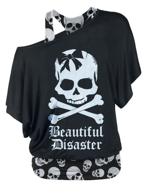 Skull Beautiful Disaster Printed Ripped One Neck Strappy T-Shirt
