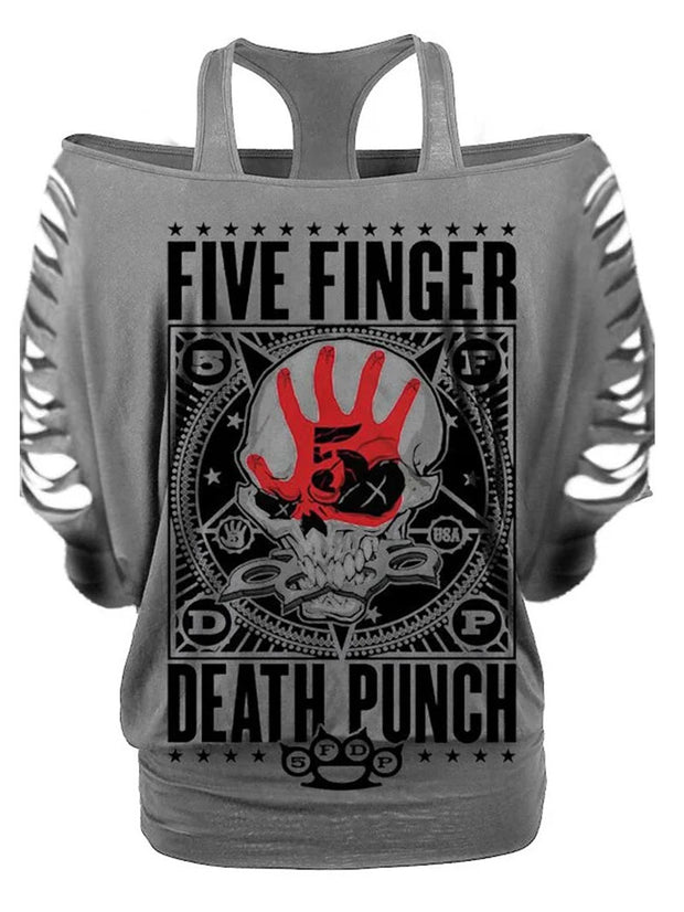 Five Finger Death Punch Printed Ripped One Neck Strappy T-Shirt