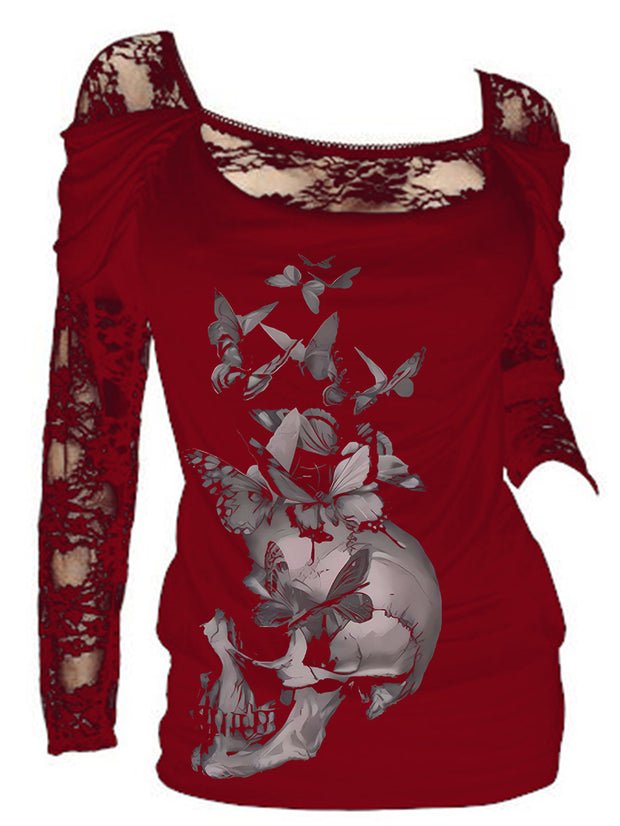 Butterfly Skull Art Sexy Floral Lace Long Sleeve Top