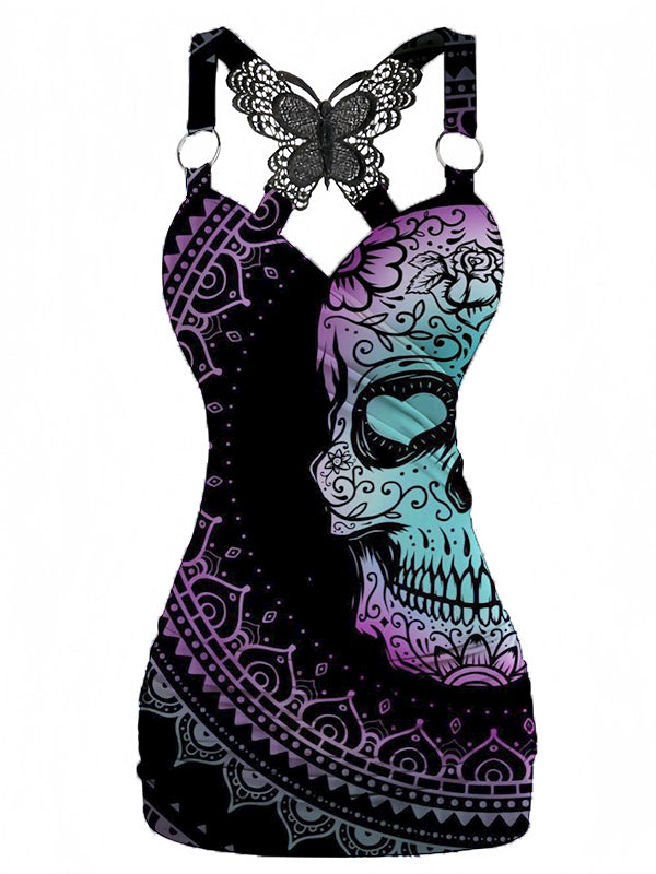Fantasy Skull Printed V-neck Sexy Butterfly Back Dress
