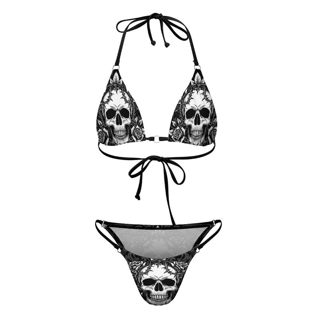 Sexy Thorn Rose Skull Printed Lace-up Swim Suit
