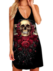 Sexy Rose Skull Print Back Hollow Dress