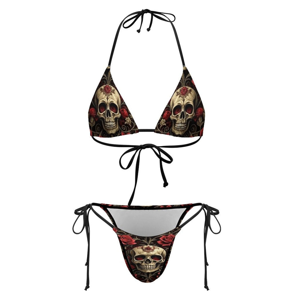 Rose Skull Printed Lace-up Swimsuit