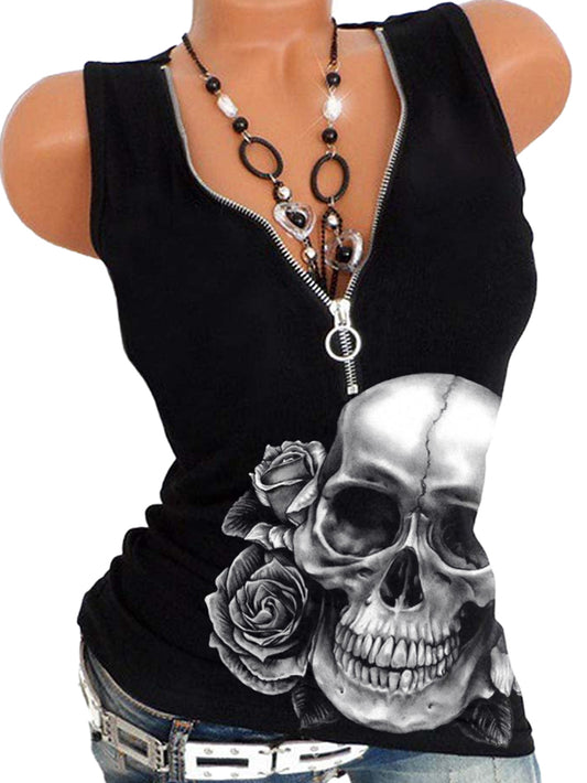 Gilet sans manches à col en V Rose Skull 