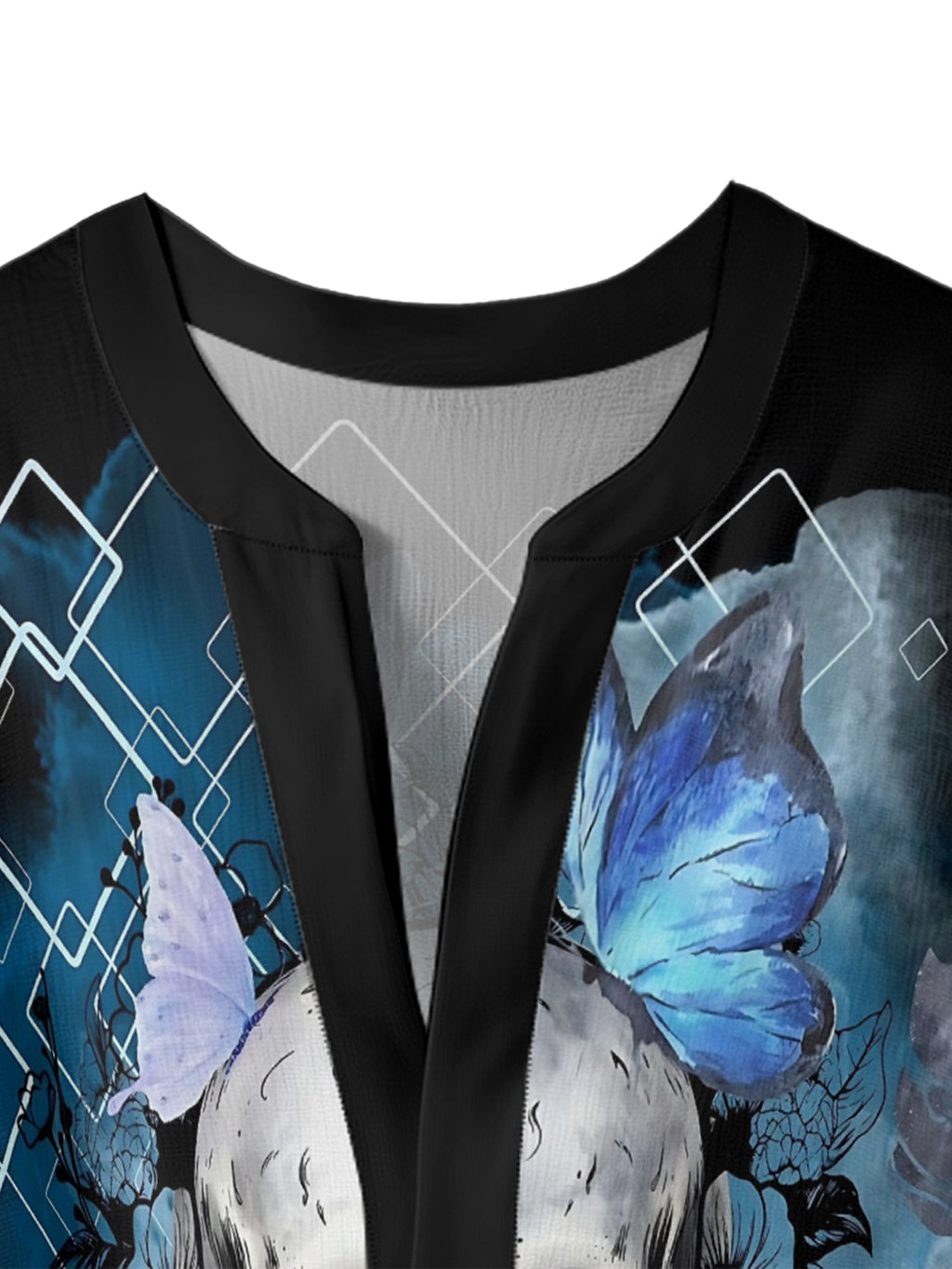 Geometric butterfly flower skull V-neck Ruffle Blouse