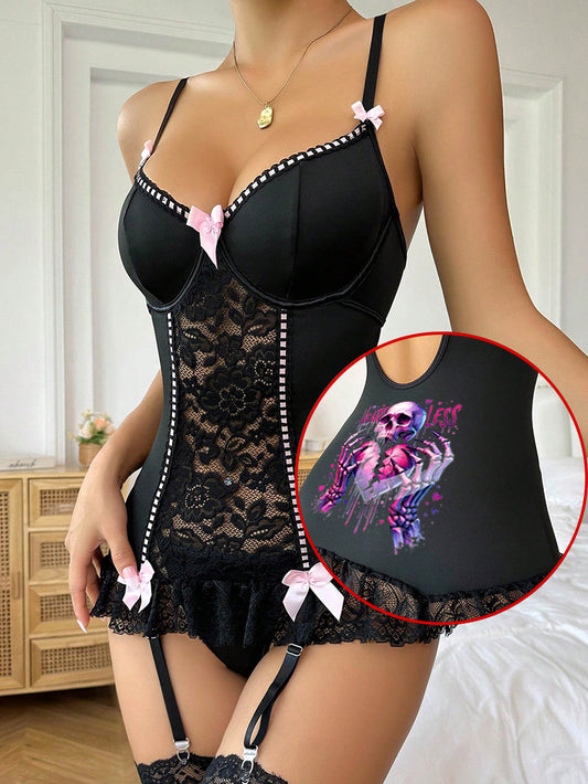 Sexy Gothic Skull Heart Less Lace Strap Tight One-Piece Nightdress