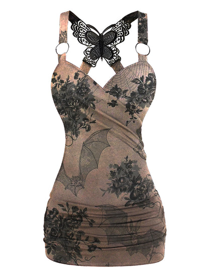 Vintage Flower Bat Spider Web Printed V-neck Sexy Butterfly Back Dress