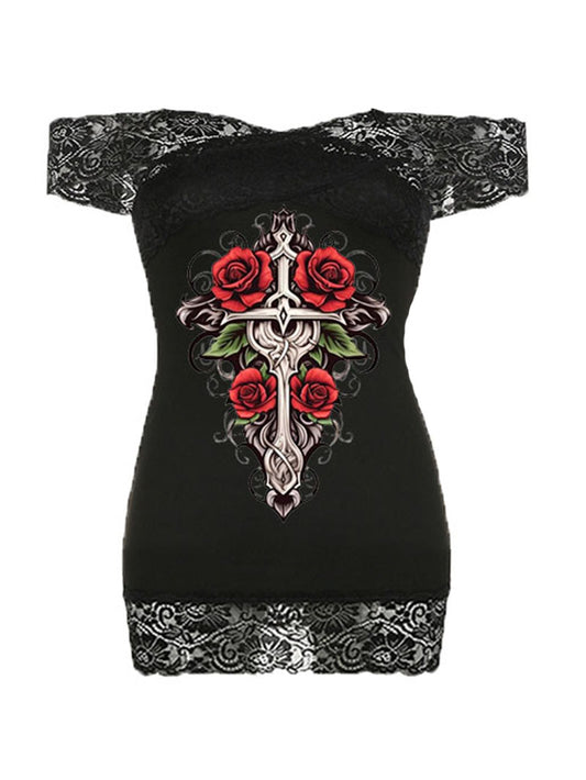 Ross & Cross Printed Sexy Lace Stitching Hip Dress