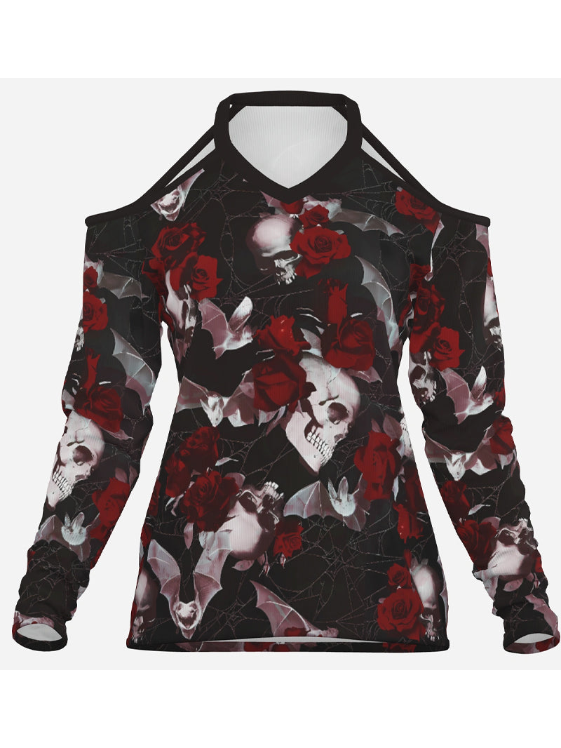 Sexy Women's Gothic Bat Spider Web Skull Print off-Shoulder Brands Long Sleeve Top