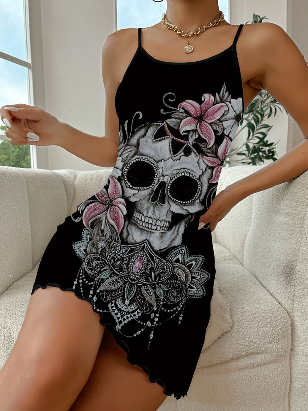 Schickes rückenfreies Lounge-Kleid mit Blumen-Totenkopf-Print
