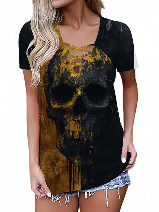 Splash Ink Gold Skull Printed Sexy V-neck Hollow T-shirt