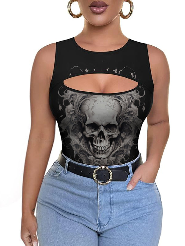 Gothic Skull Printed Sexy round Neck Hollow Vest