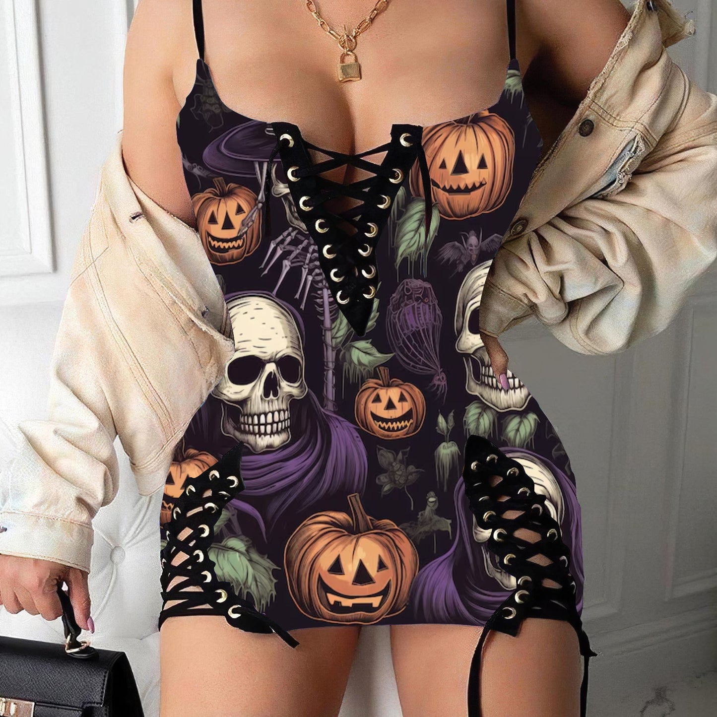 Halloween Skulls Pumpkin Print V-neck Eyelet Lace-up Suspension Dress