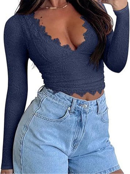 Sexy Women's Lace Hollow V-neck Knitted Long Sleeves