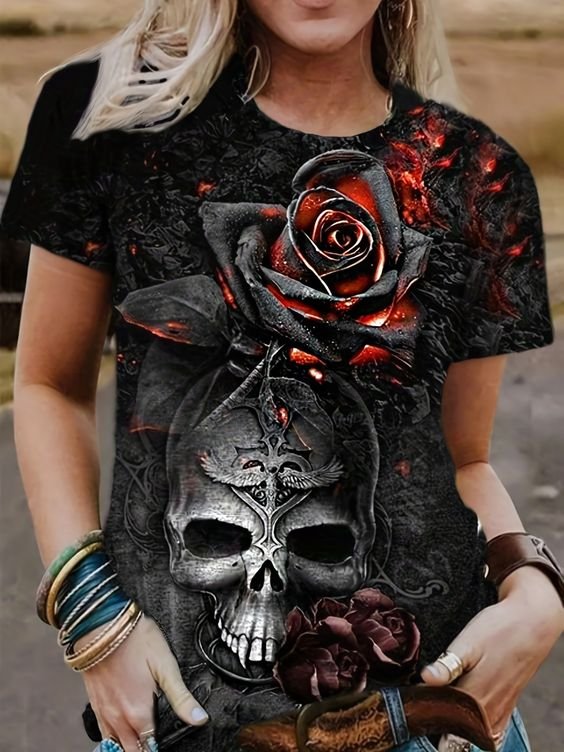 Kurzärmliges T-Shirt mit Gothic-Rosen-Totenkopf-Aufdruck 