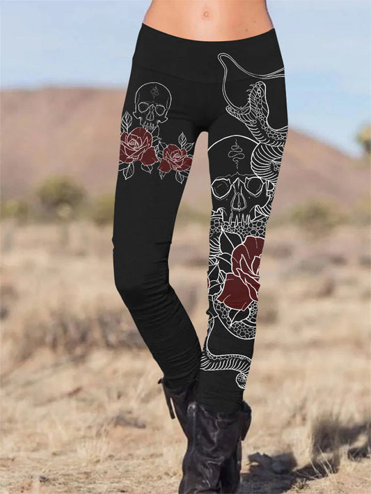 Gothic Line Skull Viper Flower Printed Slim Fit Pants