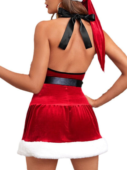 Christmas Clothes Sexy Velvet Stitching Halter Belt Dress Suit