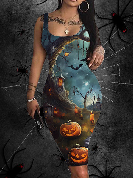 Halloween Horror Skull Pumpkin Printing Slip Dresses