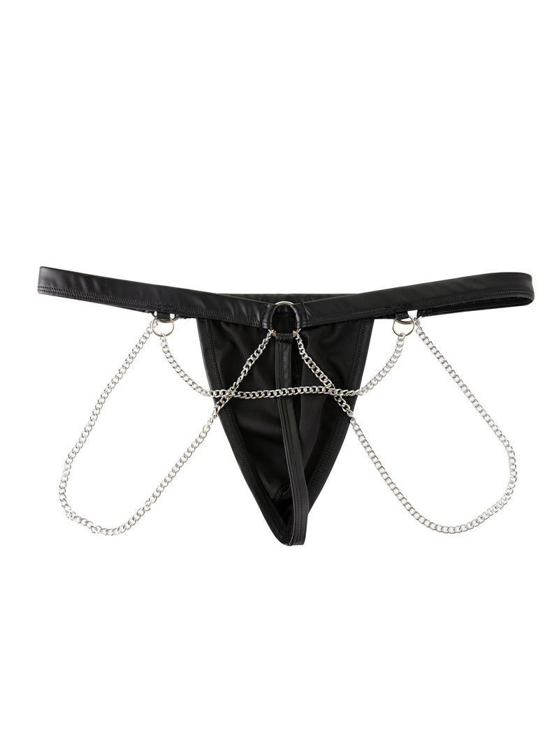 Men's Sexy Chain Decoration Patent Leather Hollow T-Back Panties