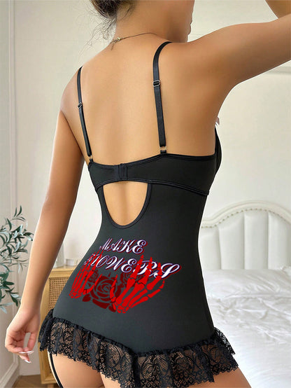 Sexy Gothic Skull Hand Rose Lace Strap Tight One-Piece Nightdress