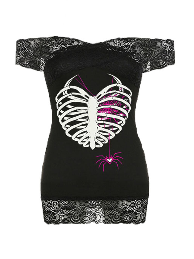 Skeleton Printed Sexy Lace Stiching Hip Dress