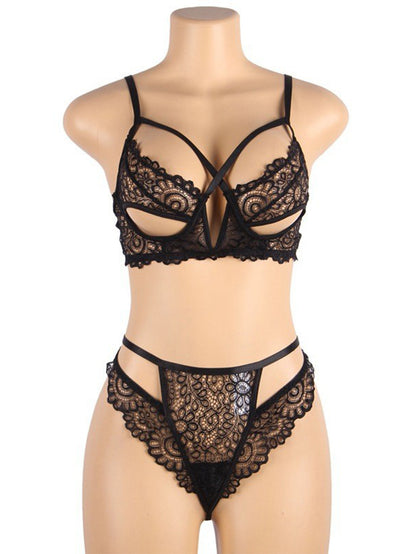 Sexy plus Size Hollow-out Lace Lace-up Bra Suit