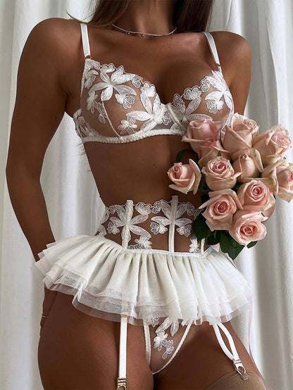 Sexy Small Skirt Embroidered Bra Garter Underwear Suit