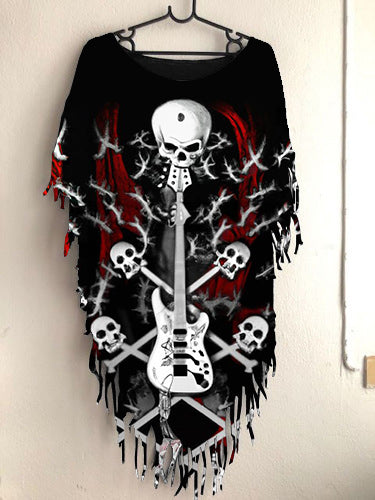 Women's Skull Guitar Band Printed Floating Satin T-shirt