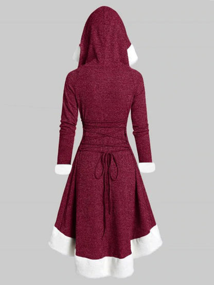 Elegant Hooded Stitching Plush Hem Irregular Long Sleeve Lace-up Dress