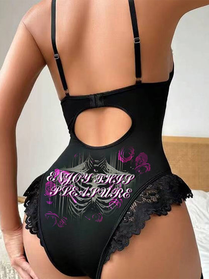 Sexy Gothic Skull Purple Rose Lace Strap Tight One-Piece Nightdress